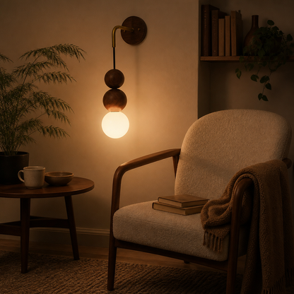 Japanese Retro Wall Lamp - Copper and Walnut Sconce in 10, 15, 18 or 20cm Shades with Warm or White LED for Hallway and Bedhead