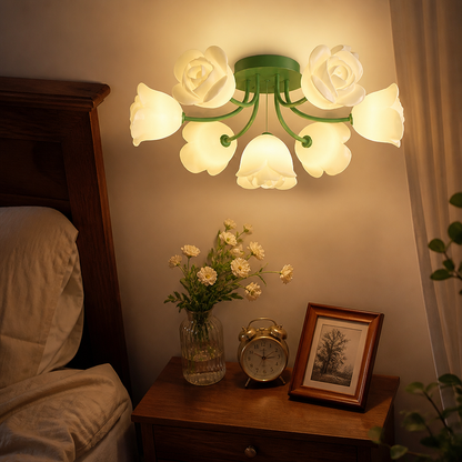 French Glass Flower LED Ceiling Lamp - Hot Bent Floral Shades on Brushed Nickel Frame in 1, 7, 11 or 13 Light Sizes for Living Rooms