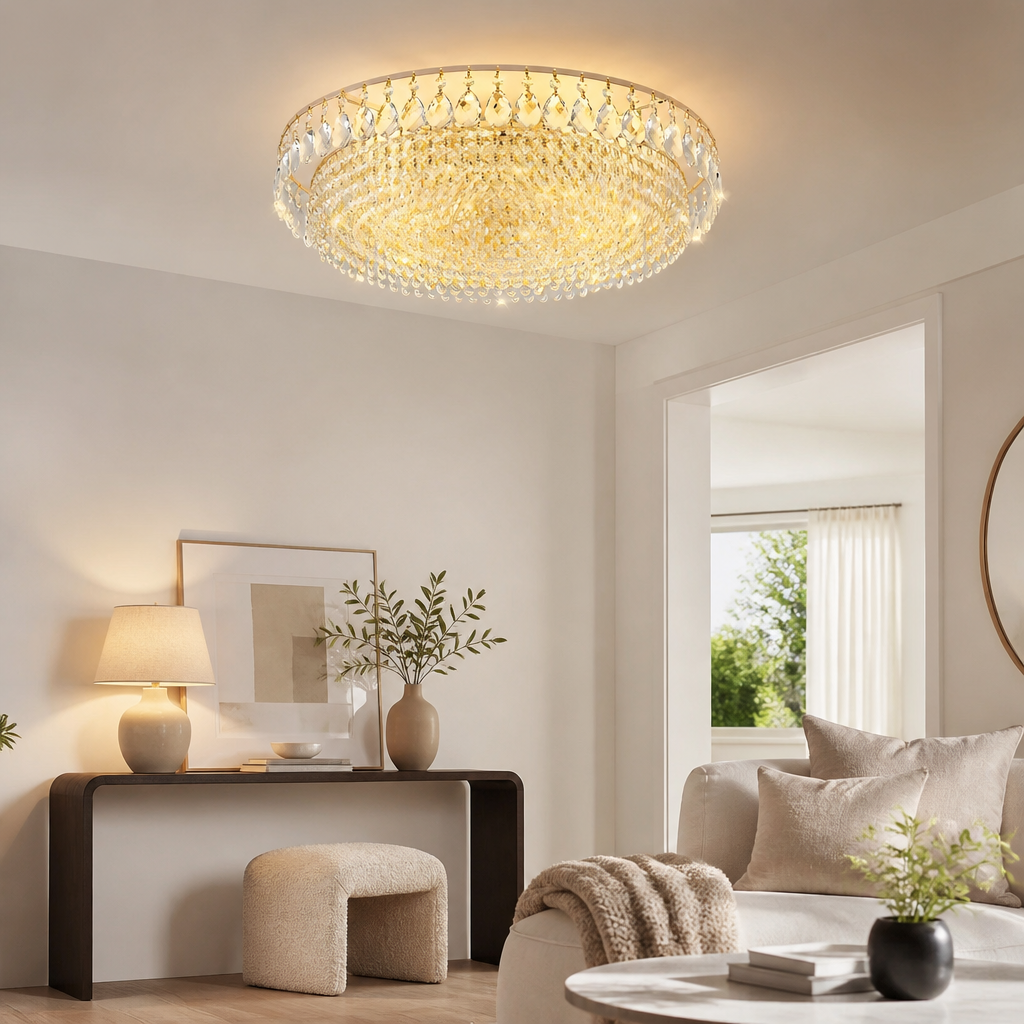 Gold Crystal Flush Mount Ceiling Chandelier - Plated Iron Frame with Individually Hung Drops in 4, 6 or 8 Head Sizes from 40 to 60cm