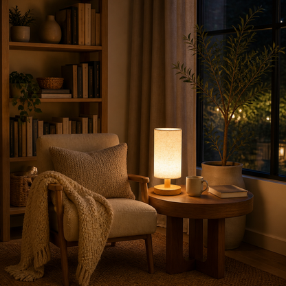 Wooden Bedside Lamp with Linen Shade - Cylindrical Diffused USB LED Light on a Solid Timber Base for Bedroom, Home Office and Living Room