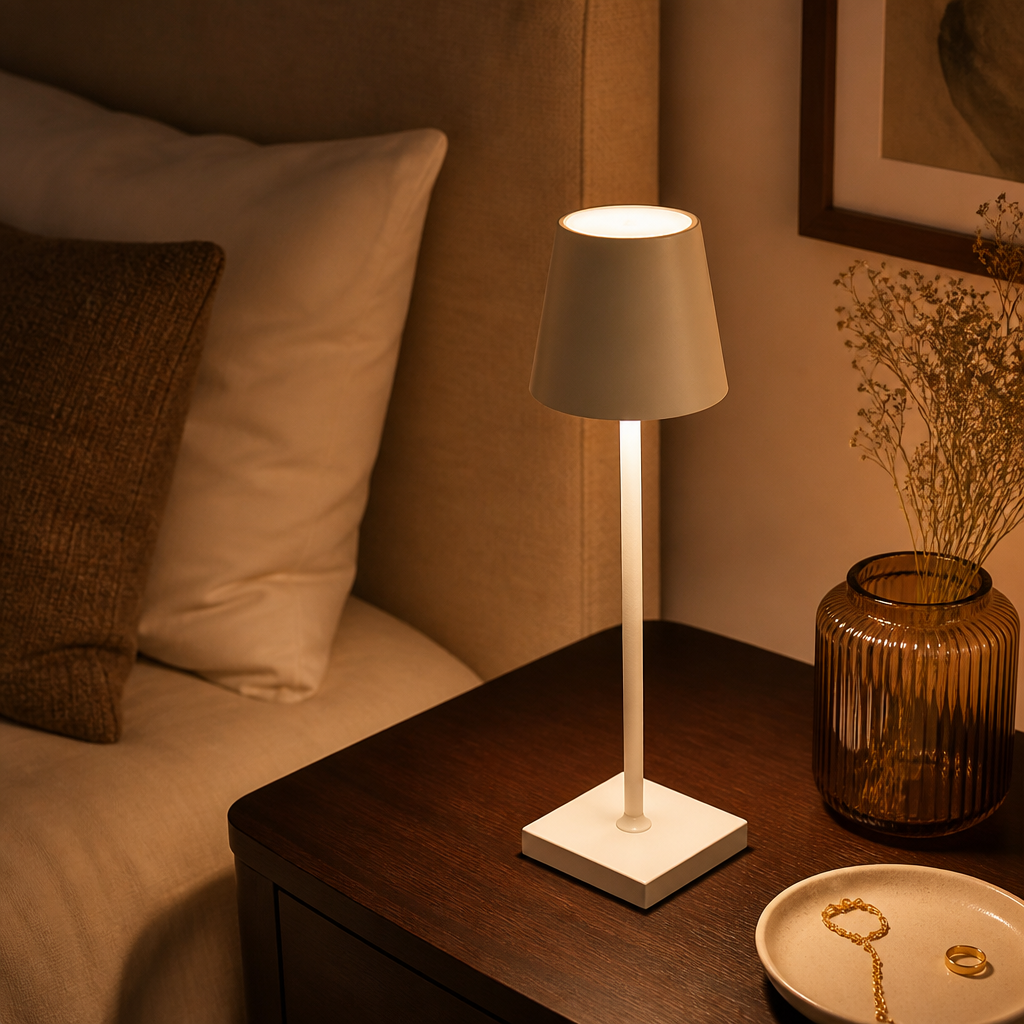 Rechargeable Touch Sensor LED Bedside Table Lamp - Cordless Round ABS Light in Bronze, Black, Gold or White with Stepped Dimming for Patios