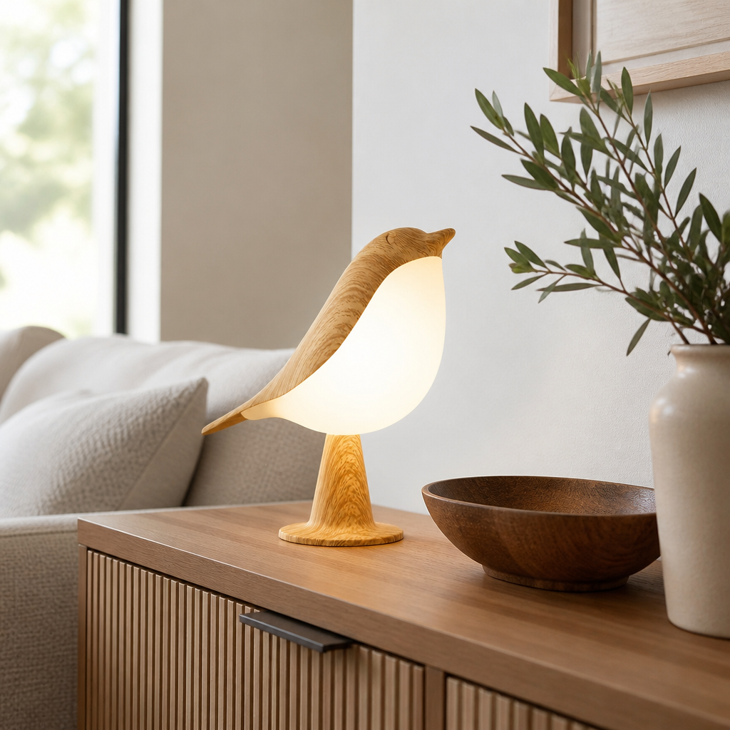 Art Deco Touch Control LED Bird Table Lamp - Sculptural ABS Piece in Light Yellow with Three Dimming Levels and Cordless USB Recharging