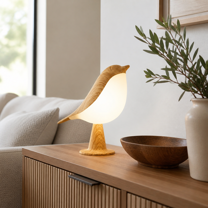 Art Deco Touch Control LED Bird Table Lamp - Sculptural ABS Piece in Light Yellow with Three Dimming Levels and Cordless USB Recharging