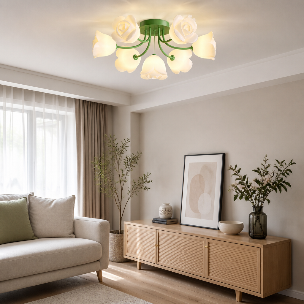 French Glass Flower LED Ceiling Lamp - Hot Bent Floral Shades on Brushed Nickel Frame in 1, 7, 11 or 13 Light Sizes for Living Rooms