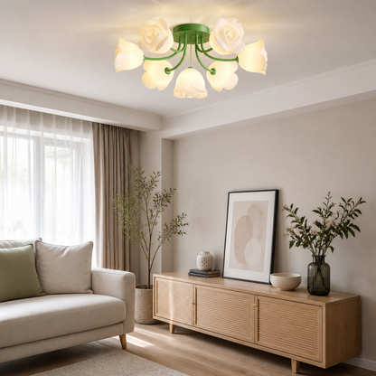 French Glass Flower LED Ceiling Lamp - Hot Bent Floral Shades on Brushed Nickel Frame in 1, 7, 11 or 13 Light Sizes for Living Rooms