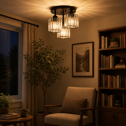 3 Light Crystal Glass Semi Flush Ceiling Light - 27cm Gold, Silver or Black Cluster with Dimmable E27 LED Bulbs and Remote Control