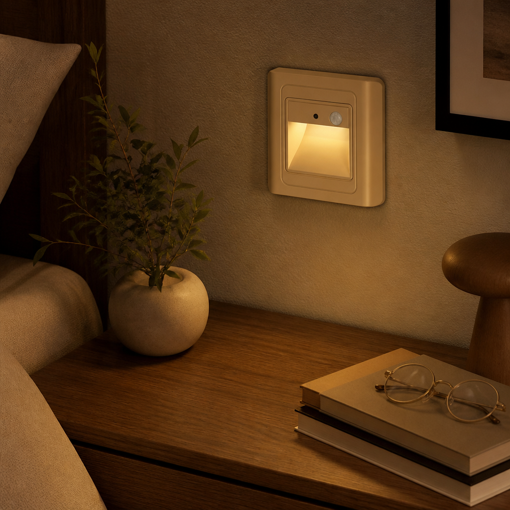 Motion Sensor Night Light - Recessed 2W or 3W LED in White, Grey, Black or Champagne Shell Finishes with Warm or Cool White Glow