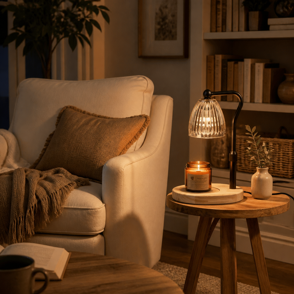 Dimmable Candle Warmer Lamp with Timer - Flameless Glass and Metal Wax Melting Light with Adjustable Height for Nightstand and Dresser