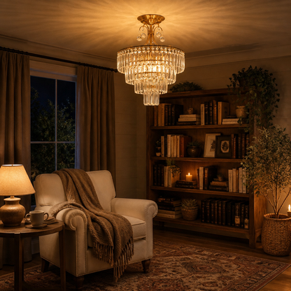 Luxury Gold Crystal Round Semi Flush Ceiling Light - Cut Drops on a Polished Iron Frame with 4 Dimmable E14 Lamps for Bedroom and Hallway