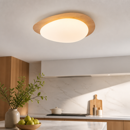 Pebble Ceiling Lamp - Minimalist Wood and Acrylic Flush Light in 30 or 38cm, Walnut or Log Finish, with Two Dimmable Integrated Sources