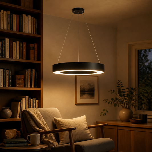 Iron Circle Ring LED Pendant Light - Minimalist Painted Metal Hoop in Black or White from 40 to 80cm with Integrated Warm or Cool Sources