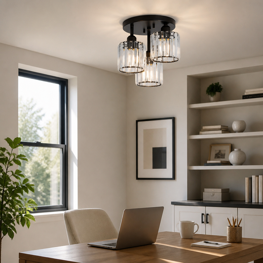 3 Light Crystal Glass Semi Flush Ceiling Light - 27cm Gold, Silver or Black Cluster with Dimmable E27 LED Bulbs and Remote Control