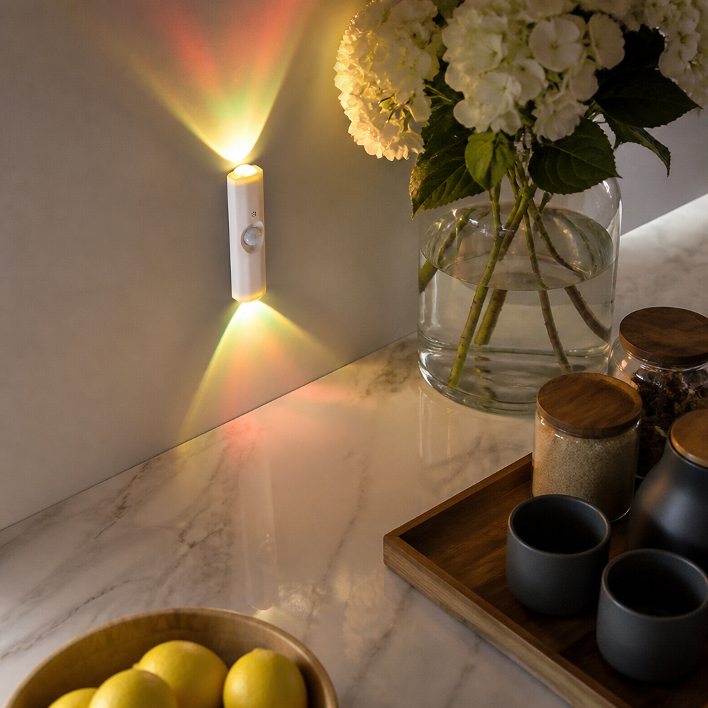 Sunset Motion Sensor Night Light - Rechargeable Cord-Free RGB Lamp with 7 Colour or 3 Colour Glow for Nursery, Hallway and Bedside Cabinet