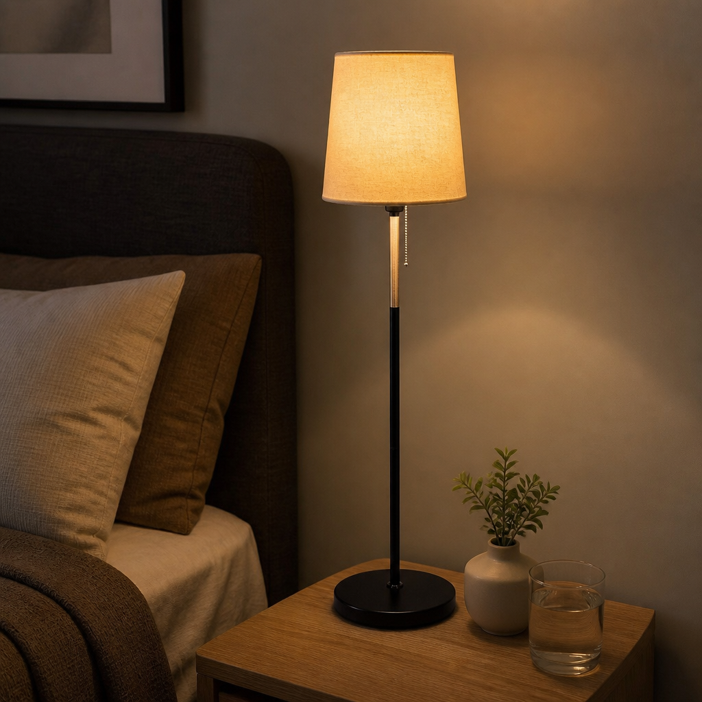 Linen Floor Lamp - Contemporary Fabric Shade Standing Light in Black, Grey or Creamy White with Warm LED Glow for Sofa and Bedroom