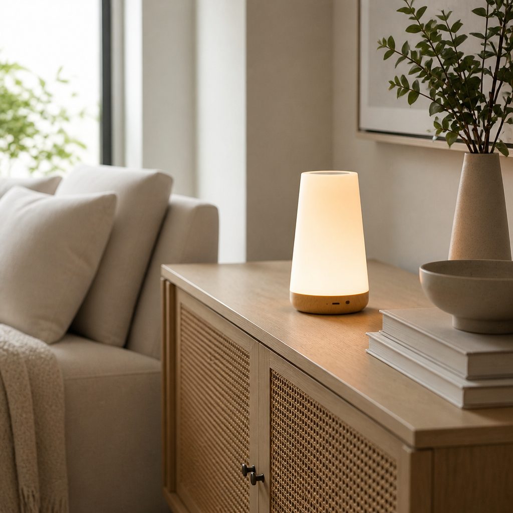 13 Colour RGB Rechargeable Night Light Lamp - Wood Tone or White ABS Unit with Five Brightness Levels, Remote and Settable Auto Shutdown