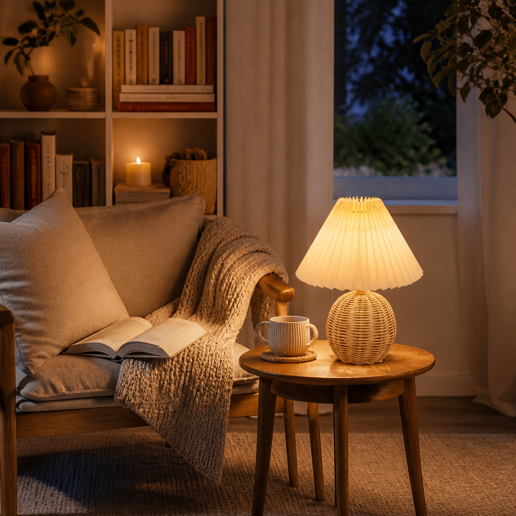 Retro Rattan Ball Lamp with Pleated Fabric Shade - Compact 18 by 22cm USB Light Offered with Switch, Dimming or Remote Timer Control
