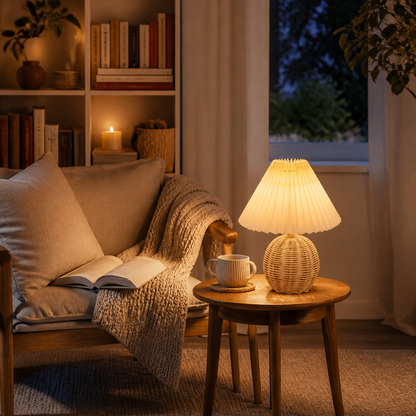 Retro Rattan Ball Lamp with Pleated Fabric Shade - Compact 18 by 22cm USB Light Offered with Switch, Dimming or Remote Timer Control
