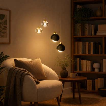 Nordic Crystal Ball LED Ceiling Lamp - 24W Faceted Spheres on a Slim Iron Frame in Warm White for Bedroom, Loft and Bar Corner