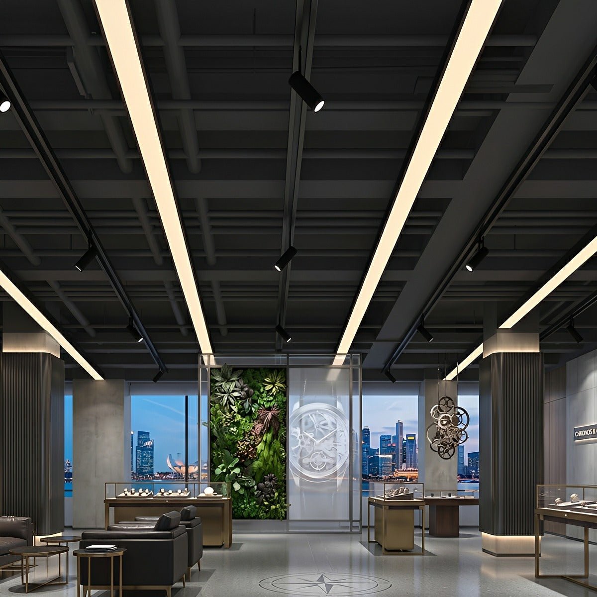 Modern Minimalist Black LED Recessed Office Hanging Linear Light