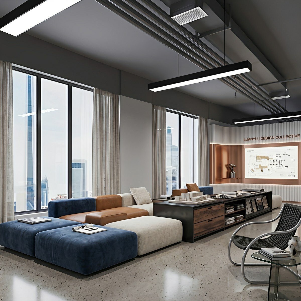 Modern Minimalist Black LED Recessed Office Hanging Linear Light
