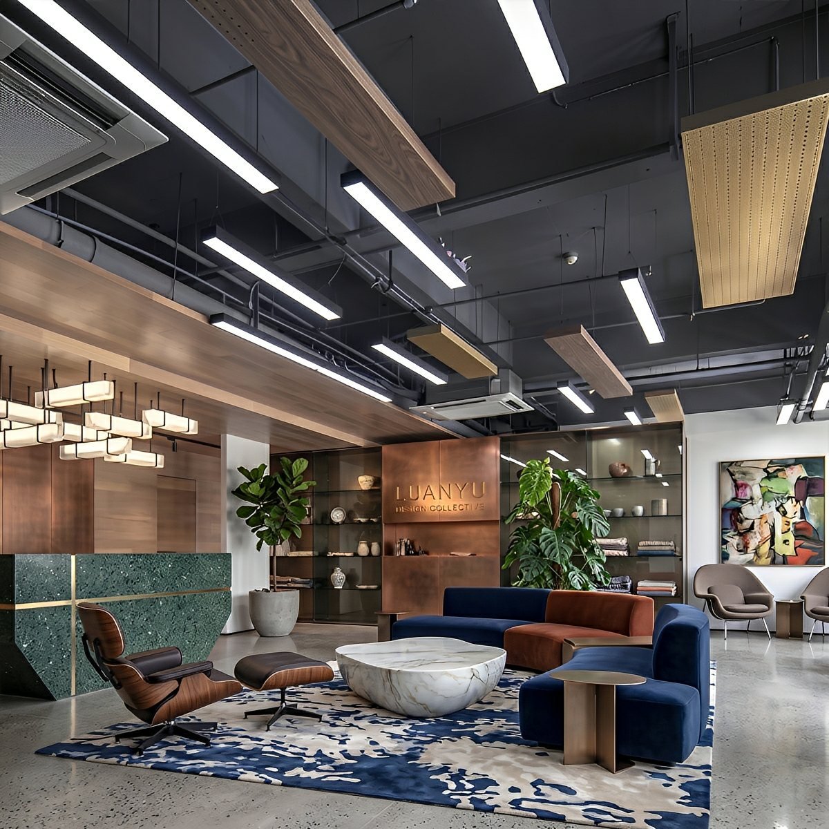 Modern Minimalist Black LED Recessed Office Hanging Linear Light