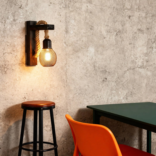 Rustic Wall Lights Iron Art Hemp Rope and Wood Art Lamp