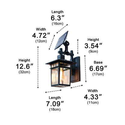 Porch Rustic Square Wall Light - Black Die-cast Aluminum and Glass Farmhouse Sconce, Solar or Hardwired, for Courtyard, Patio and Doorways
