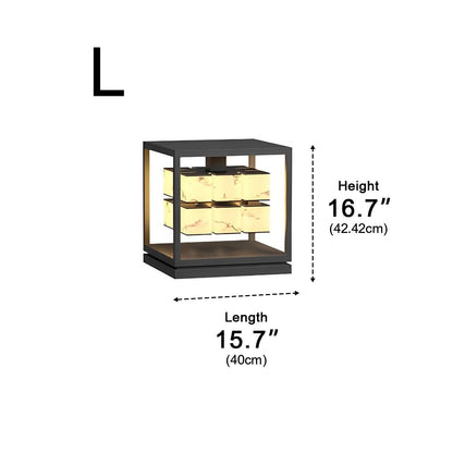 Deck Square Modern Post Light - Black PC and Stainless Steel Cap Lamp in 1 or 2 Layer Styles, 11 and 15.7 Inch Widths, Solar or Hardwired