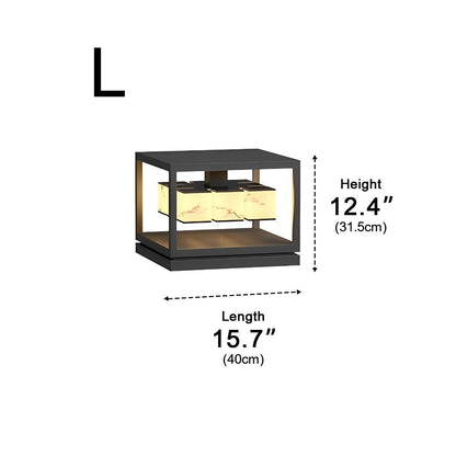 Deck Square Modern Post Light - Black PC and Stainless Steel Cap Lamp in 1 or 2 Layer Styles, 11 and 15.7 Inch Widths, Solar or Hardwired