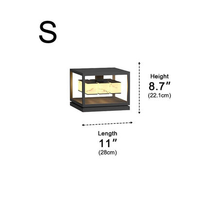 Deck Square Modern Post Light - Black PC and Stainless Steel Cap Lamp in 1 or 2 Layer Styles, 11 and 15.7 Inch Widths, Solar or Hardwired