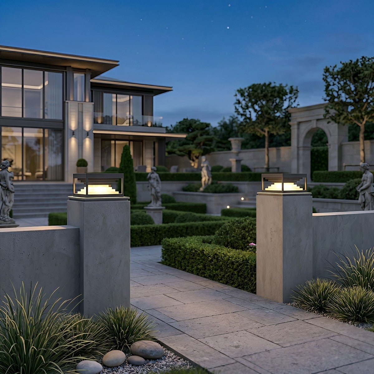 Square Modern Stepped Geometry Outdoor Post Lights