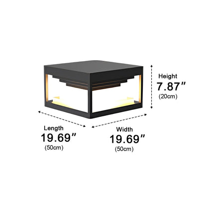 Square Modern Stepped Post Light - Stepped Black Stainless Steel Post Cap in 7.8 to 19.6 Inch Sizes, Solar or Hardwired, Single to 8-Pack
