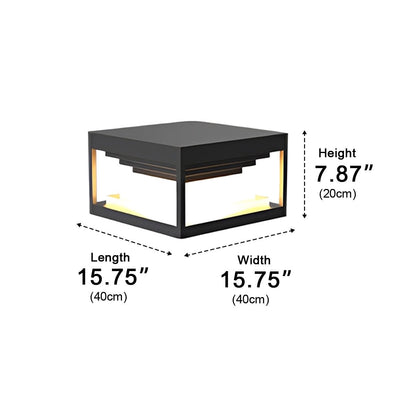 Square Modern Stepped Post Light - Stepped Black Stainless Steel Post Cap in 7.8 to 19.6 Inch Sizes, Solar or Hardwired, Single to 8-Pack