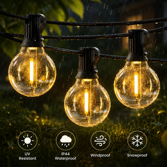 Solar Globe String Lights - Weatherproof LED Bulb Strands from 7 m with 11 Bulbs to 30 m with 50 Bulbs for Courtyard, Patio and Gatherings