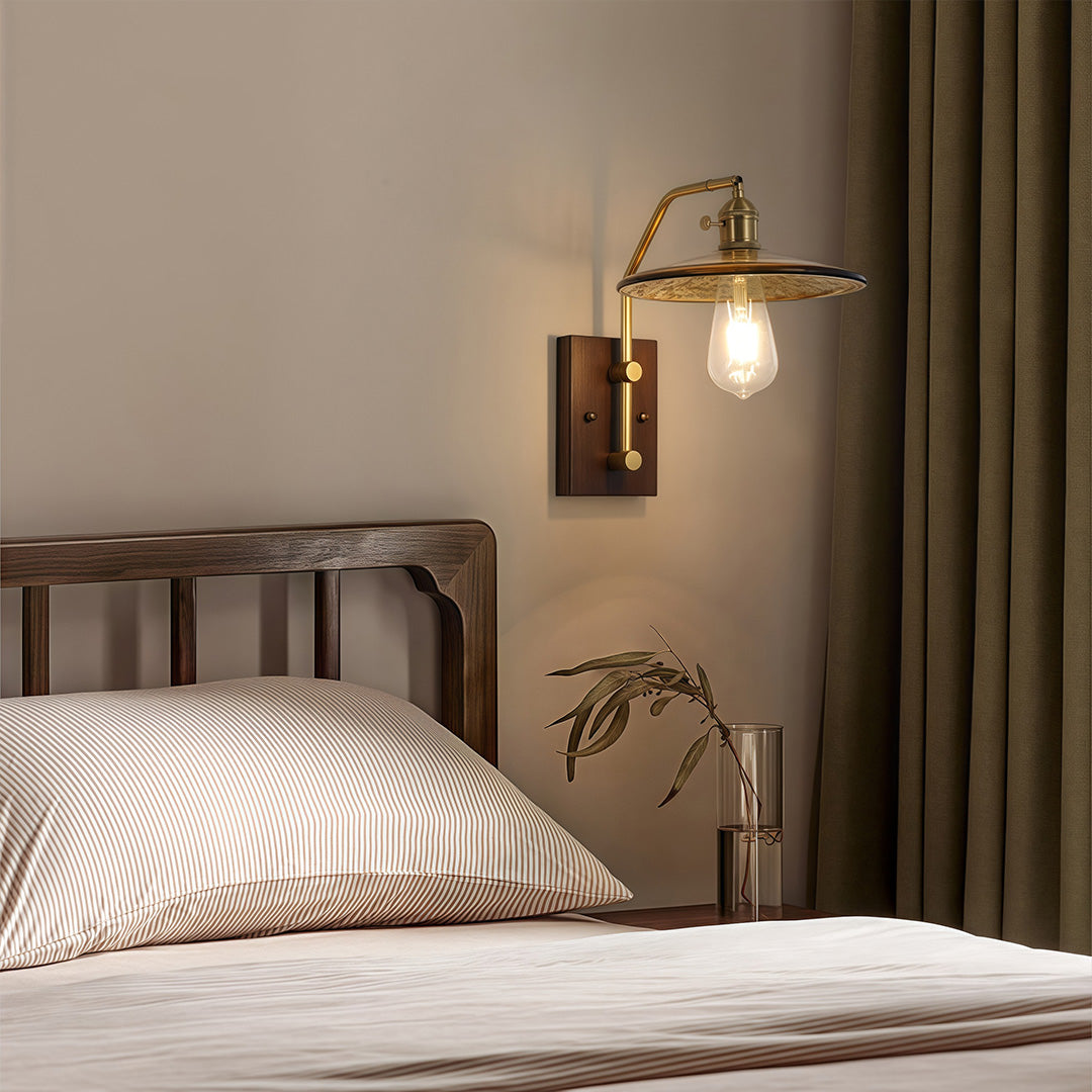 Glass Wall Lights Japanese Retro Wave Iron Body Rubberwood Lamp