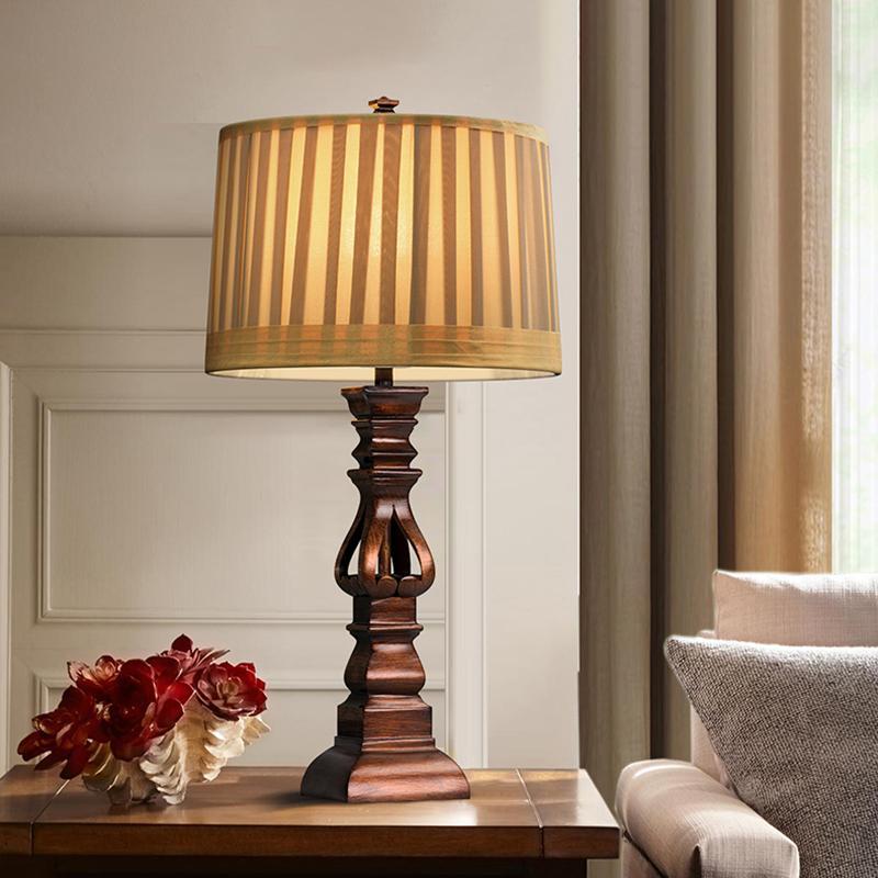 Vintage Wood Table Lamp Striped Drum Shade LED Light