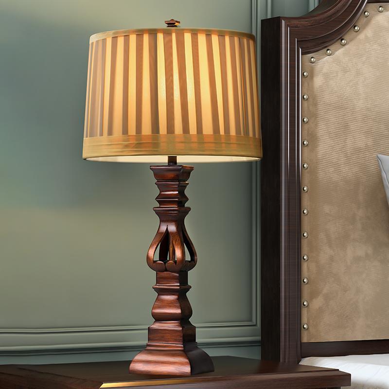 Vintage Wood Table Lamp Striped Drum Shade LED Light