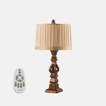 Vintage Wood Table Lamp Striped Drum Shade LED Light
