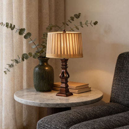 Vintage Wood Table Lamp Striped Drum Shade LED Light