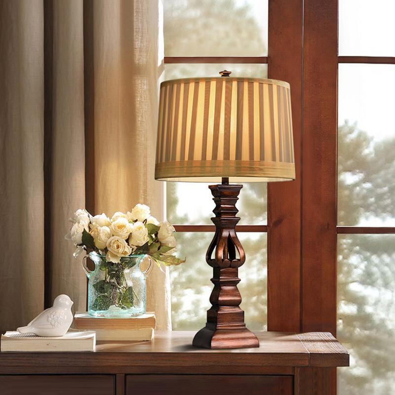 Vintage Wood Table Lamp Striped Drum Shade LED Light