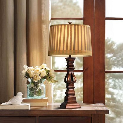 Vintage Wood Table Lamp Striped Drum Shade LED Light