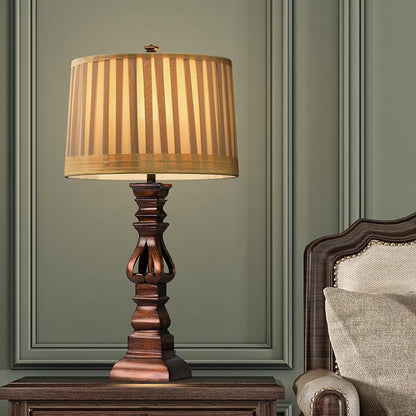 Vintage Wood Table Lamp Striped Drum Shade LED Light