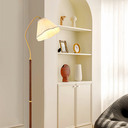Walnut Floor Lamp Elegant American Retro Fabric Shade Standing Lamp