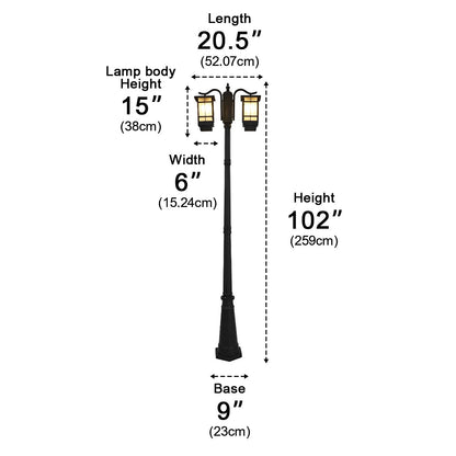Pole Street Light - Industrial Die-cast Aluminum and Glass Lamp with 2-Light or 3-Light Heads, Solar or Hardwired, for Courtyard Pathways