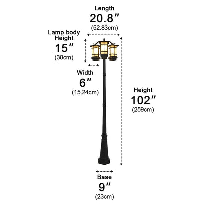 Pole Street Light - Industrial Die-cast Aluminum and Glass Lamp with 2-Light or 3-Light Heads, Solar or Hardwired, for Courtyard Pathways