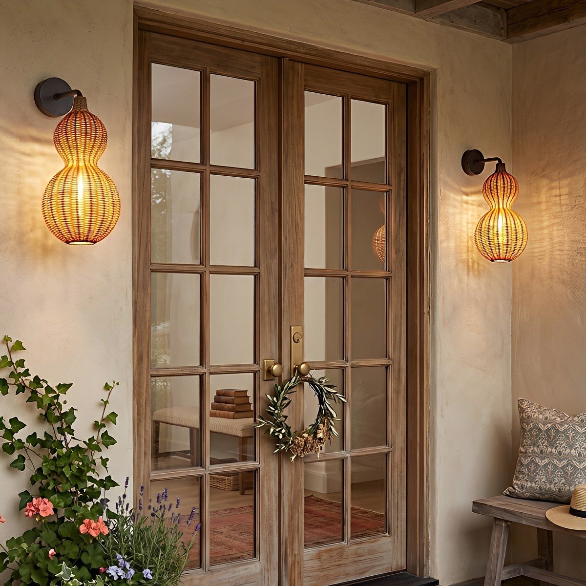 Waterproof Coastal Gourd Handwoven Rattan Outdoor Wall Lights