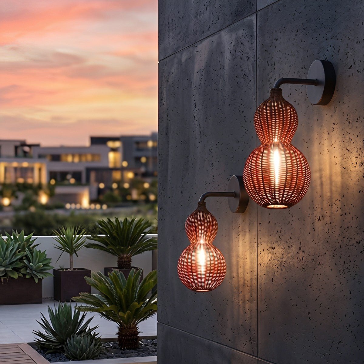Waterproof Coastal Gourd Handwoven Rattan Outdoor Wall Lights