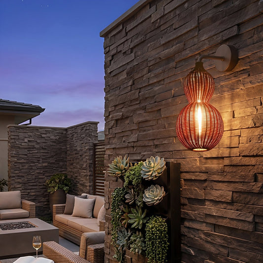 Waterproof Coastal Gourd Handwoven Rattan Outdoor Wall Lights