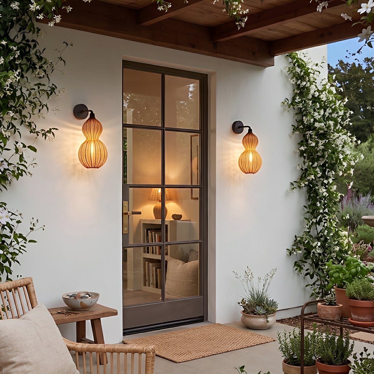 Waterproof Coastal Gourd Handwoven Rattan Outdoor Wall Lights