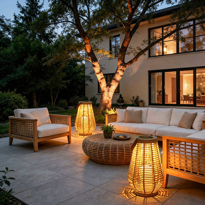 Rattan Solar Lantern Portable Waterproof LED Hemp Rope Hanging Lamp